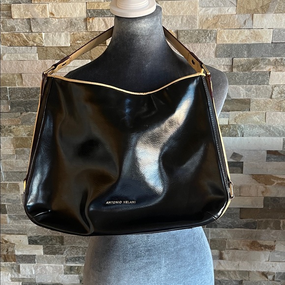 Antonio Melani Black and Cream Leather Tote - Picture 1 of 14